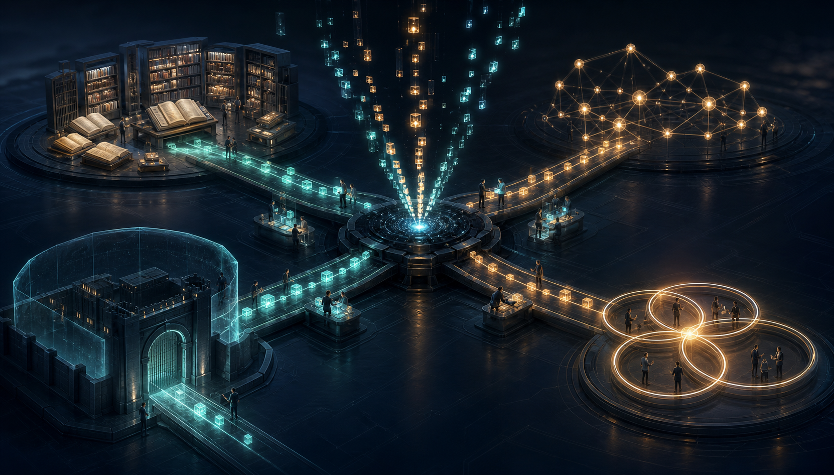 Analyst figures route fragmented glowing signals from a central junction toward a document library, network, guarded gateway, and relationship hub.