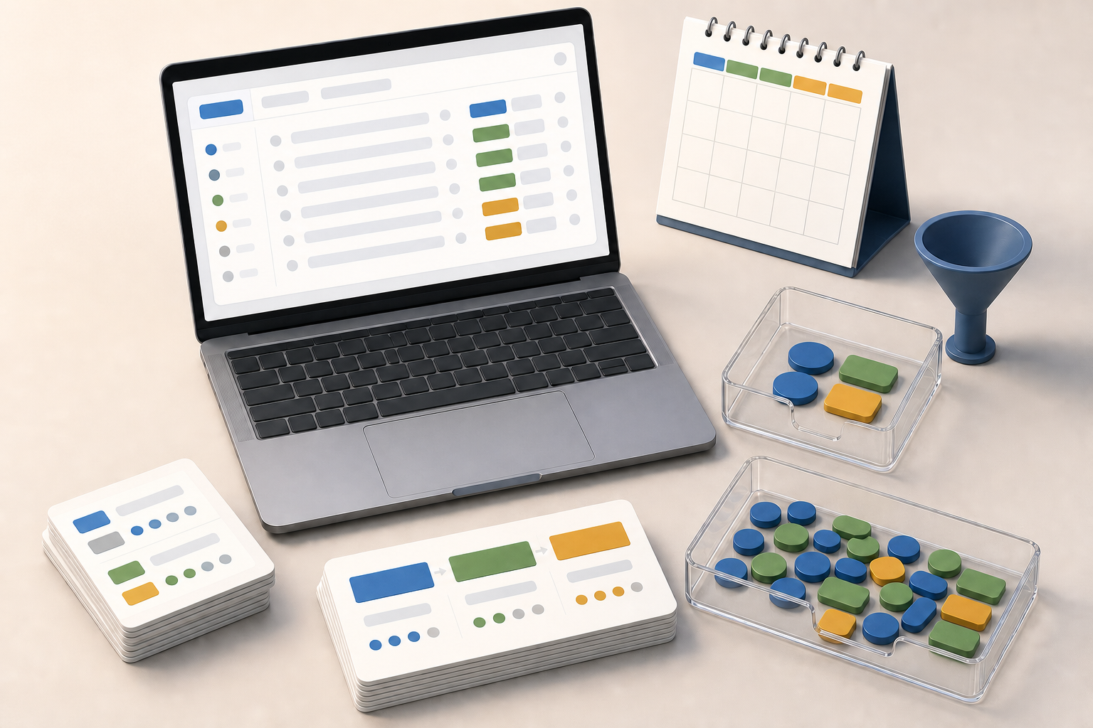 A laptop with an abstract query interface sits beside two trays that separate search tokens into familiar-demand and discovery groups.