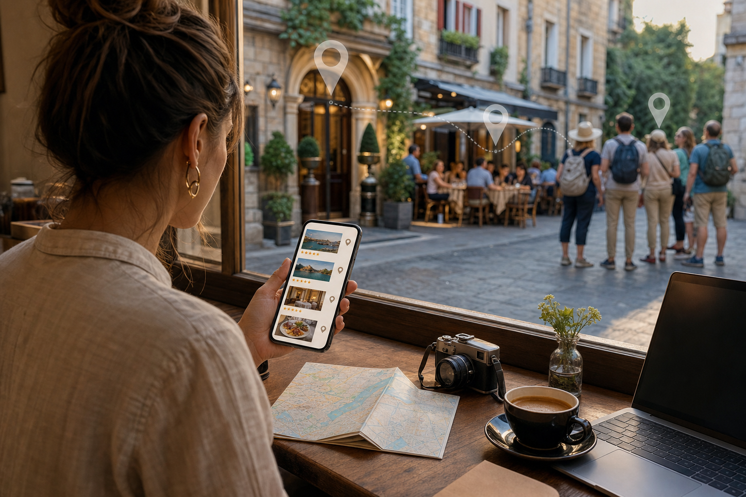 Traveler researching local businesses on a smartphone at a cafe, with a hotel, restaurant patio, and tour group visible outside.