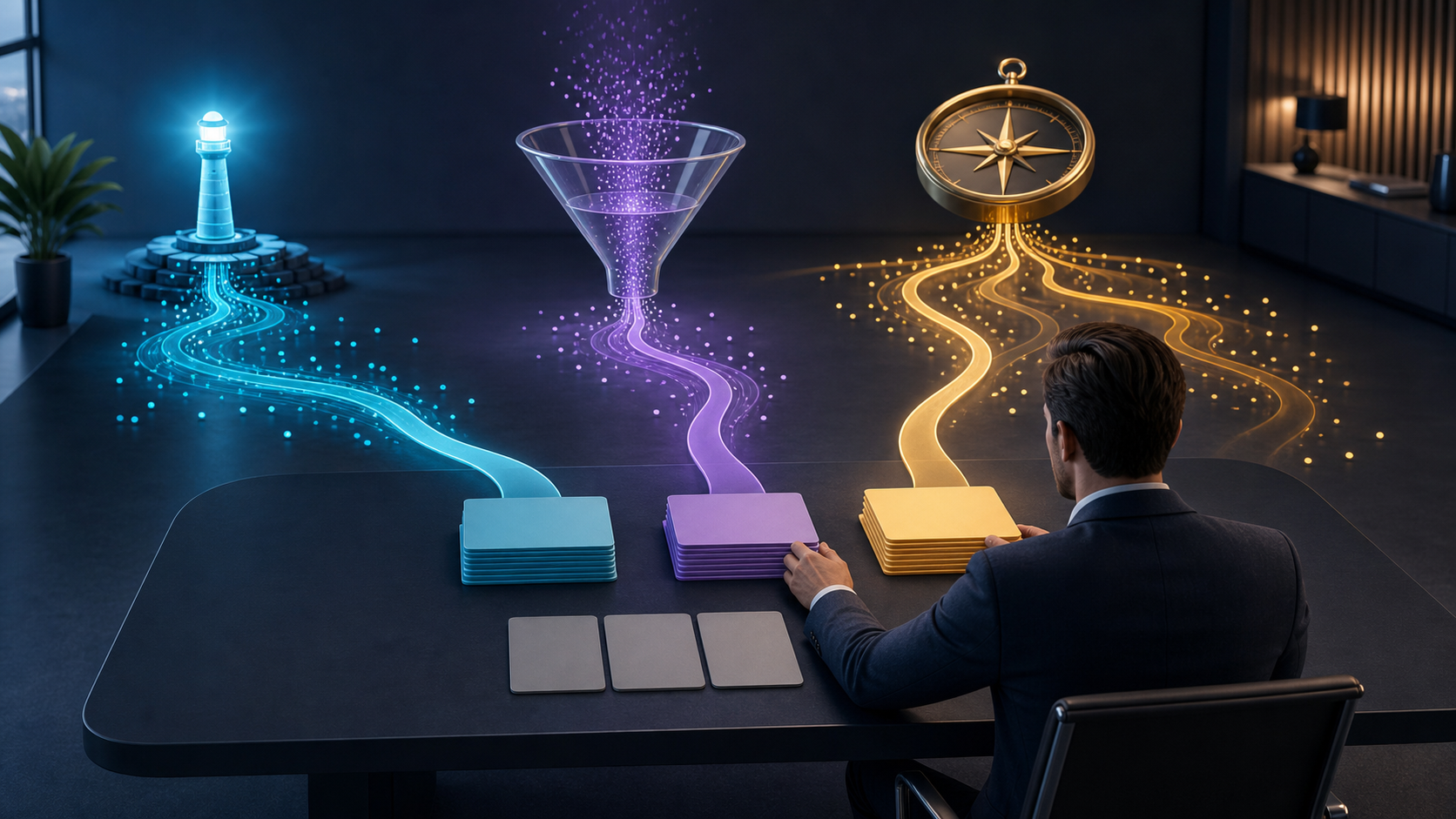 A strategist organizes three color-coded streams of search signals into separate stacks of blank reporting cards.