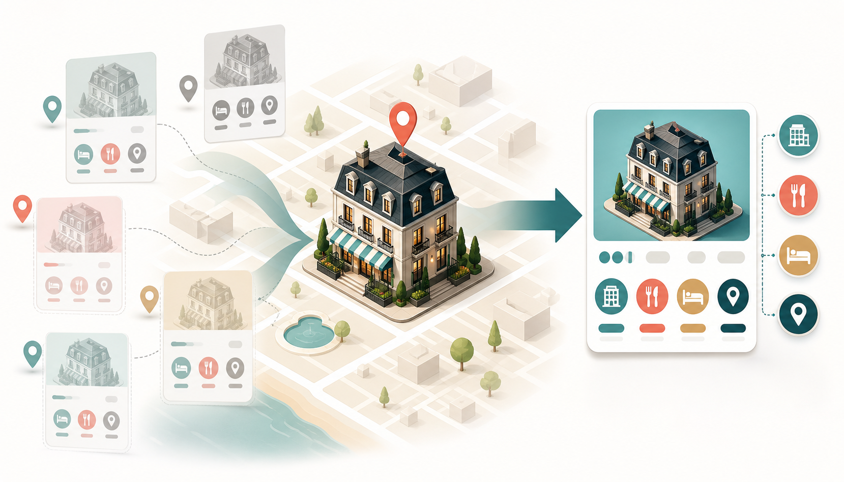 Isometric illustration of duplicate map listings merging into one organized listing for a boutique inn.