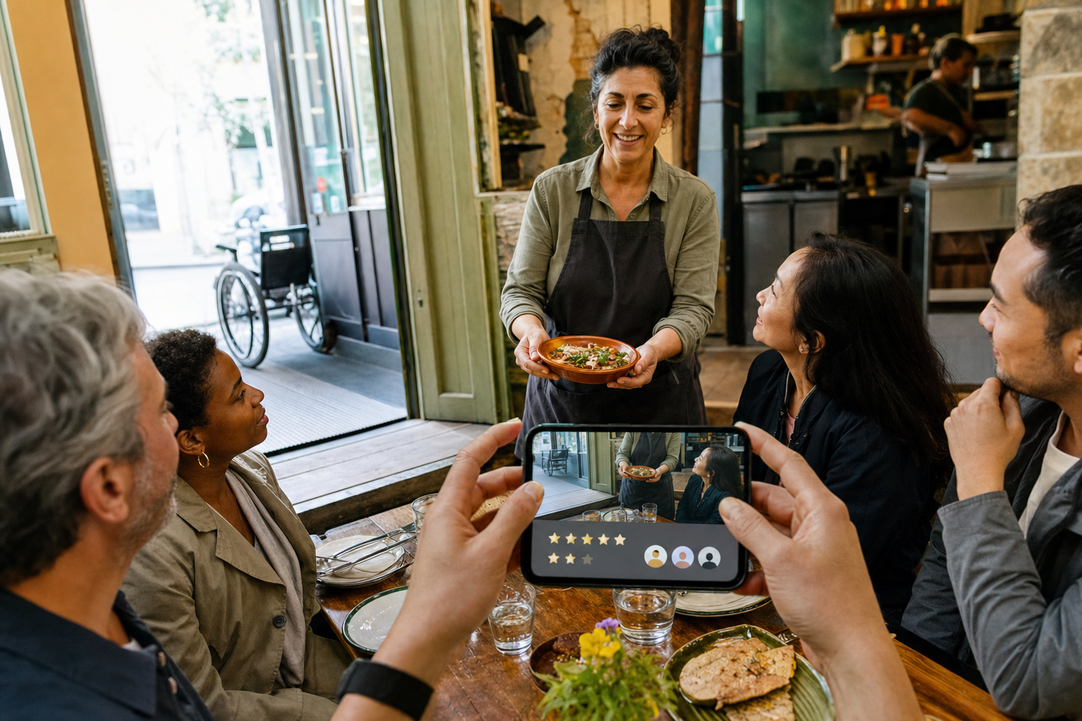 Traveler photographing a guide presenting a regional dish to a small group inside an independent restaurant.