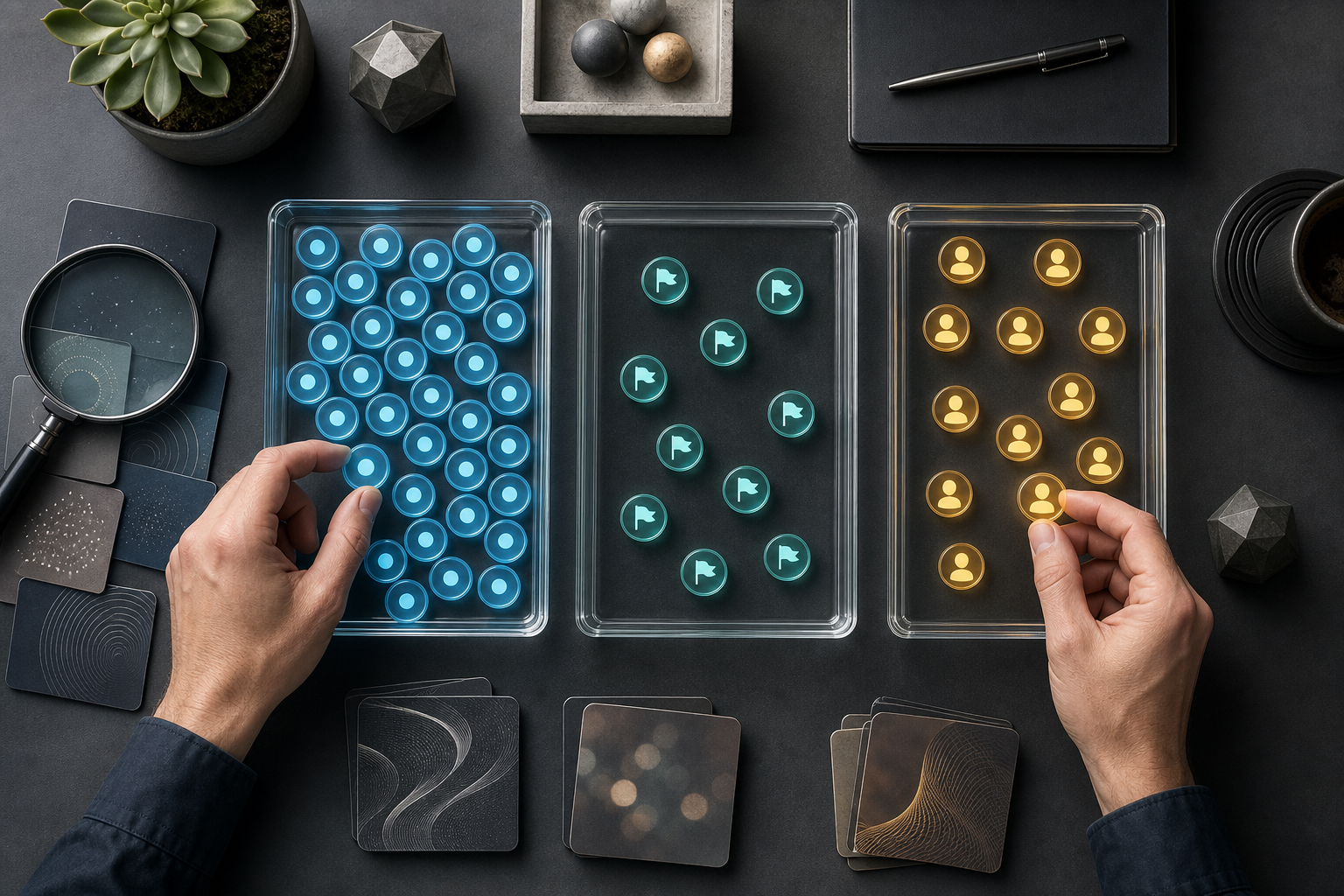 An analyst sorts anonymous traffic tokens into three trays while examining unbranded partner-site tiles with a magnifying glass.