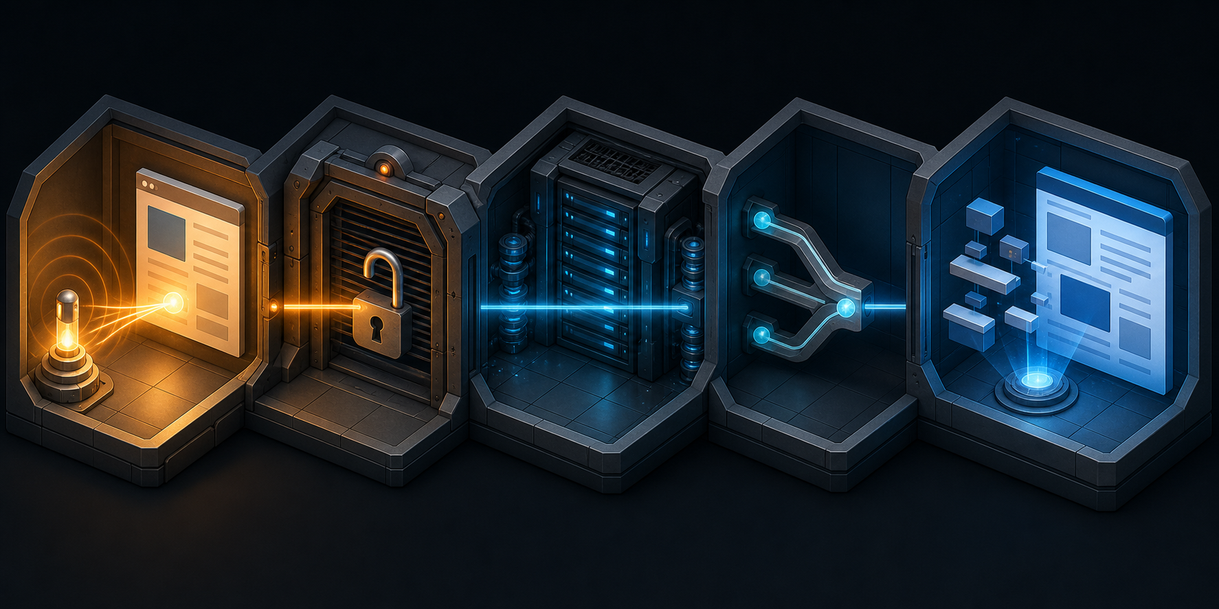 An isometric pathway shows five technical checkpoints, with a diagnostic light stopping at the first blocked gate.