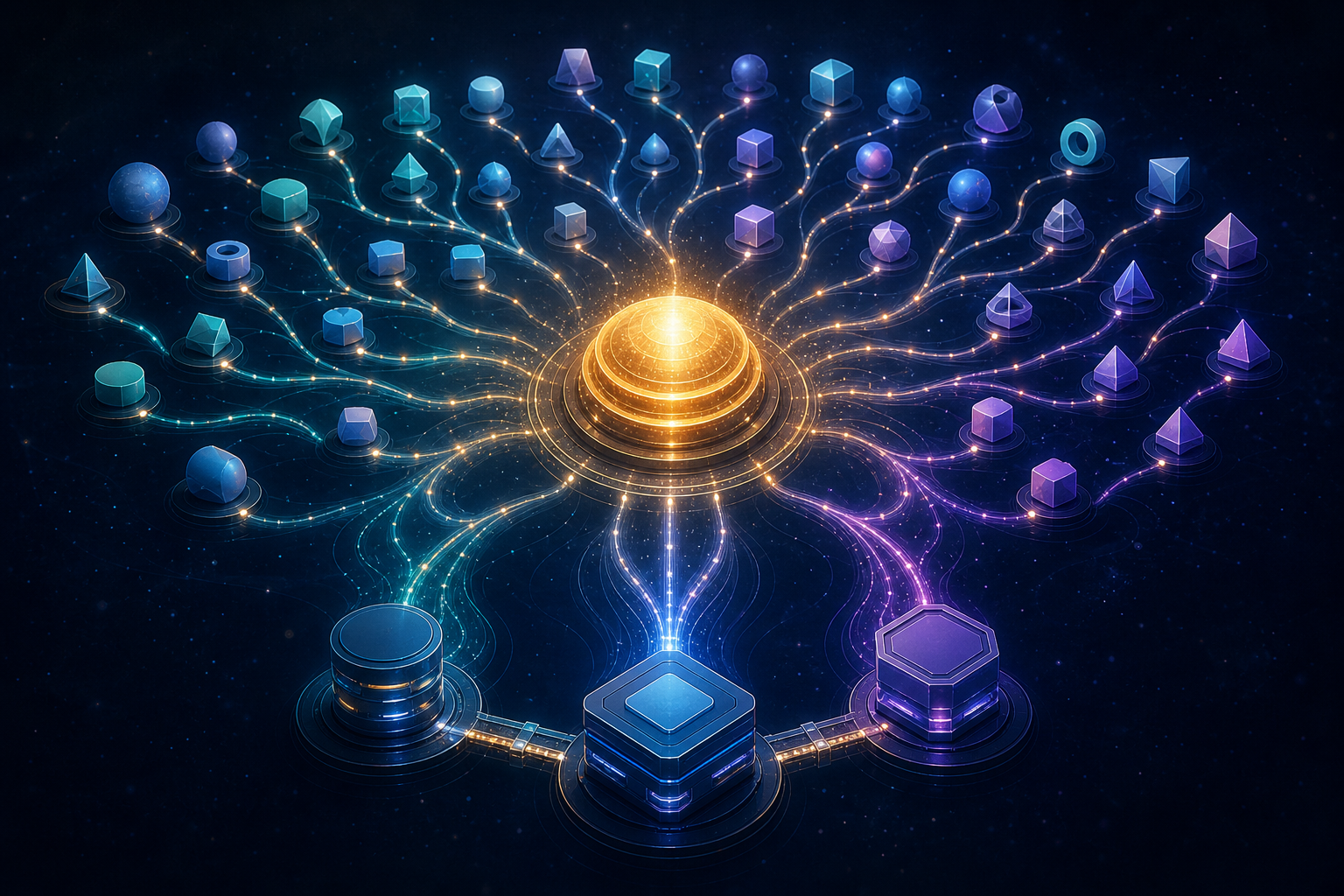 A central knowledge hub branches toward many question-shaped nodes while connecting to a small set of substantial pages.