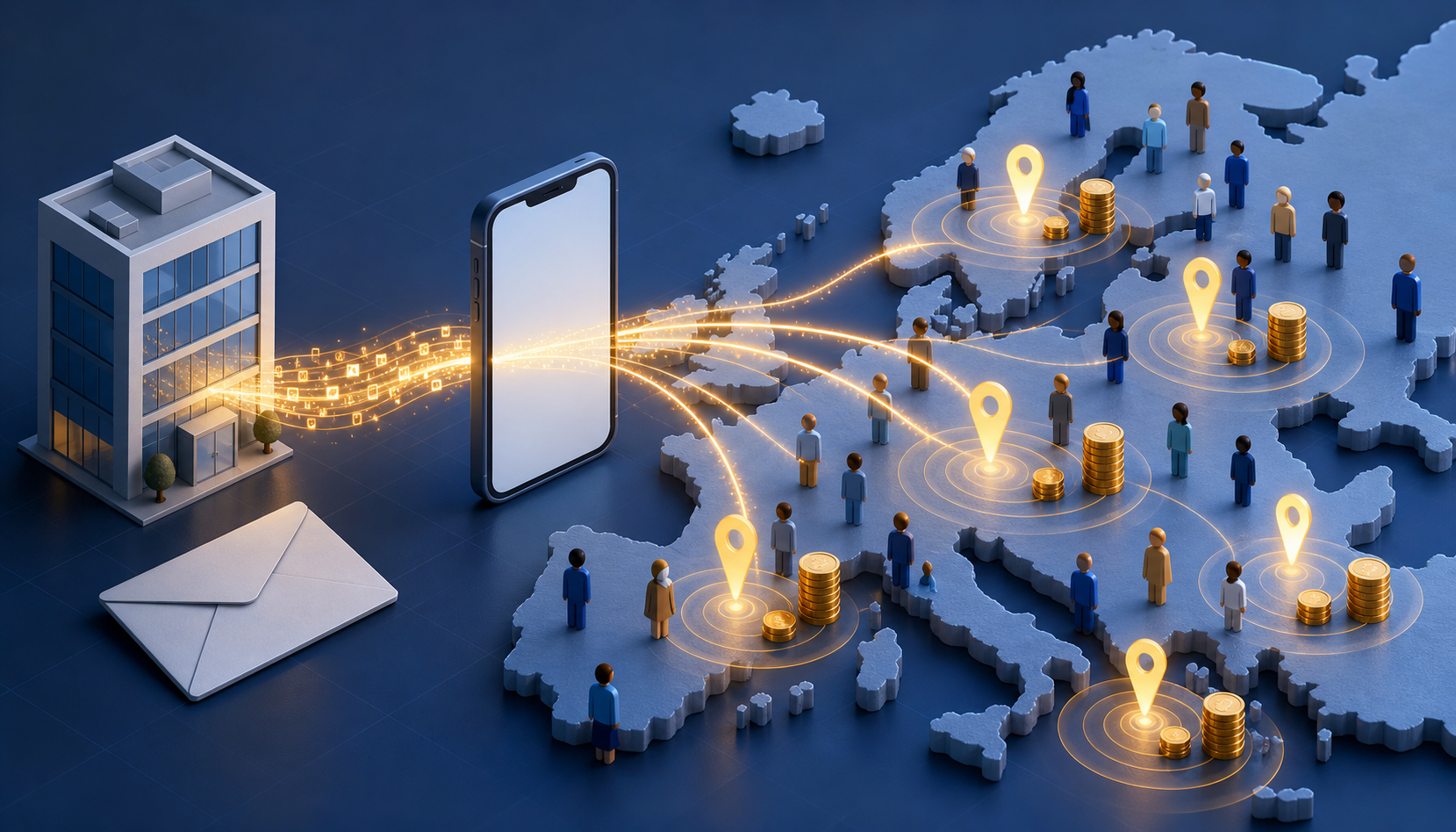 Glowing ad signals travel from an office and unmarked invoice to audience locations across a map of Europe, where separate coin stacks appear.