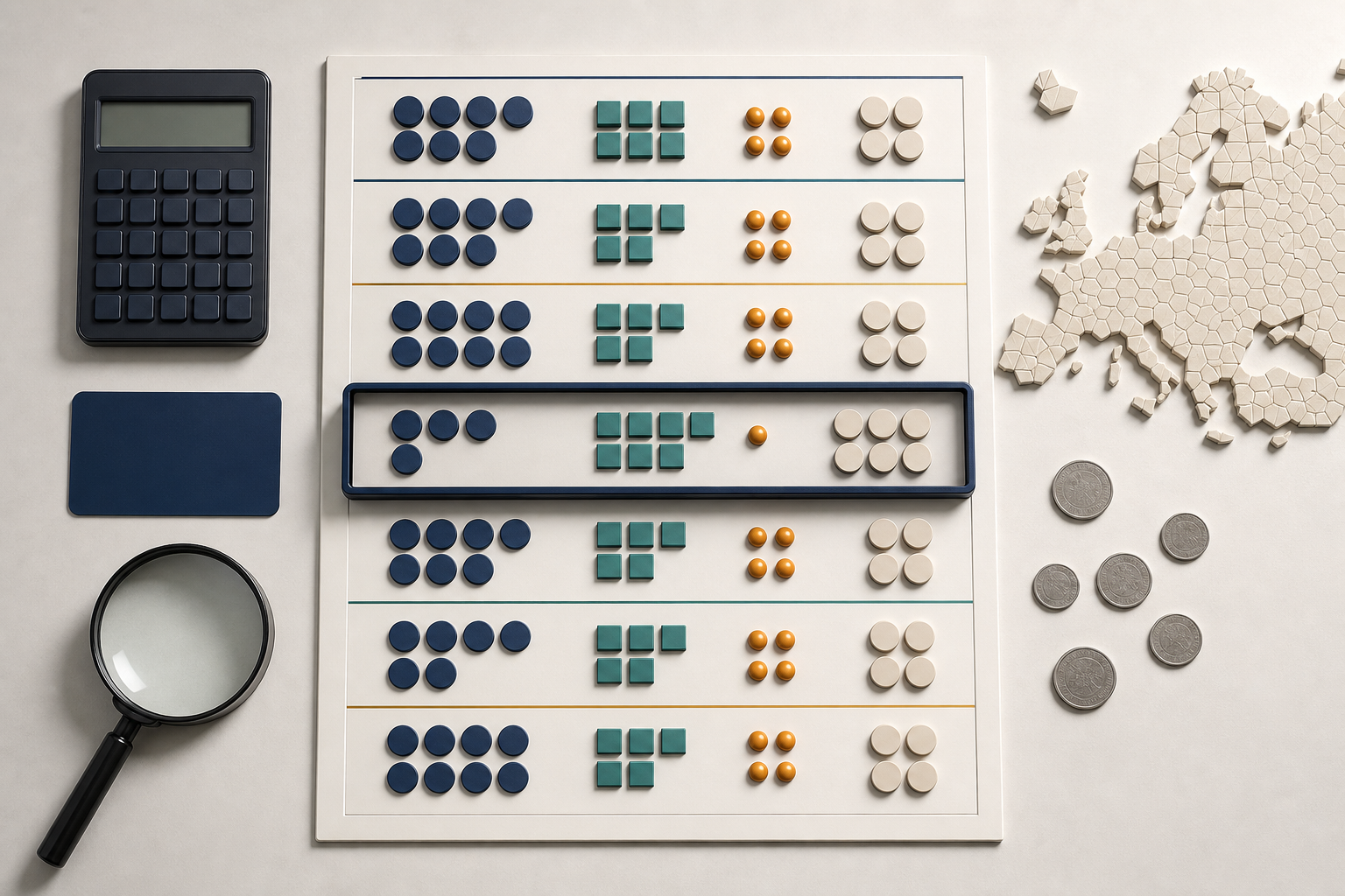 A blank market-planning board organizes colored budget tokens beside a calculator, coins and an unlabeled map of Europe.