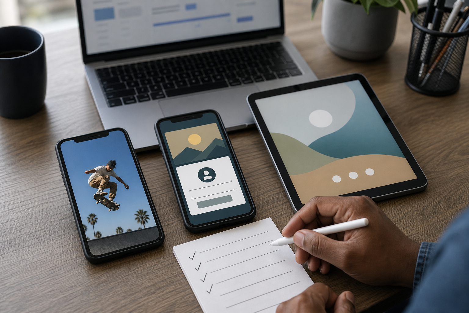 A quality-assurance specialist checks different served video-ad ending states on a smartphone, tablet, and laptop.