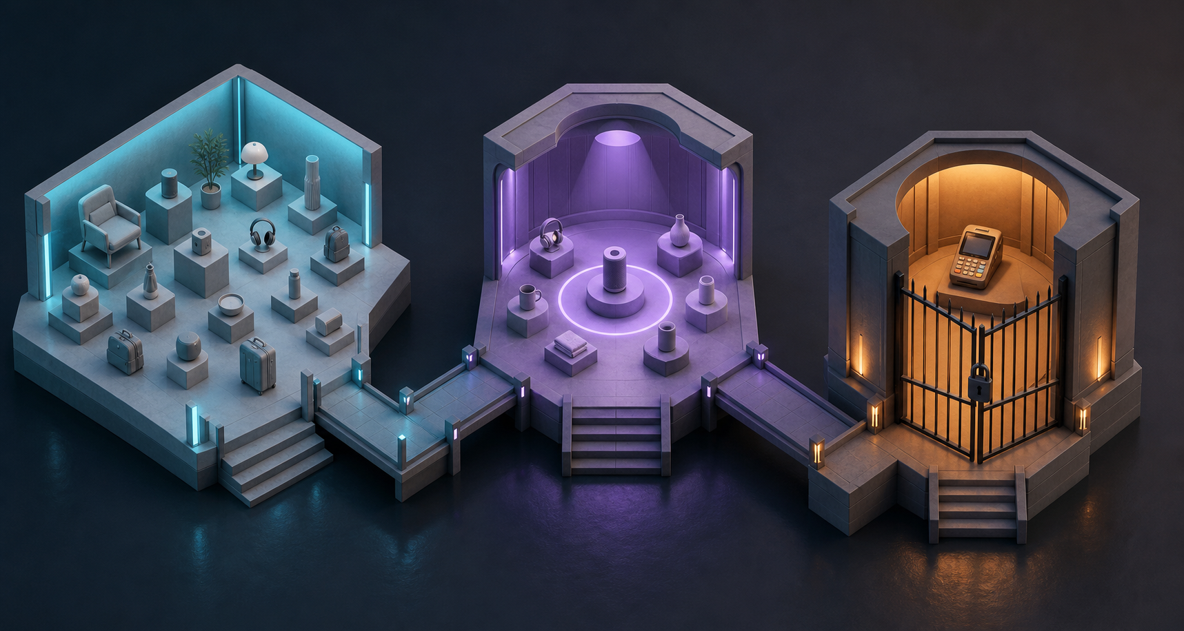Three connected but separate spaces represent product discovery, recommendation, and a locked checkout process.
