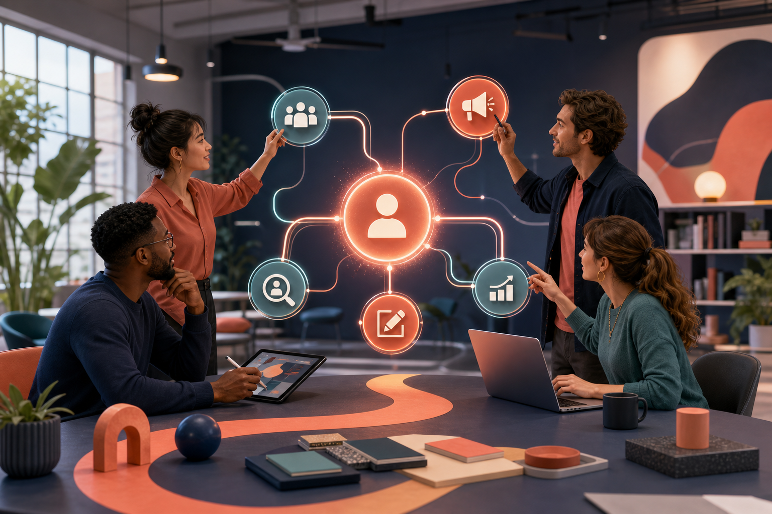 A cross-functional marketing team collaborates around a glowing customer signal in a connected workspace with pathways linking insight, creation, activation, and measurement.