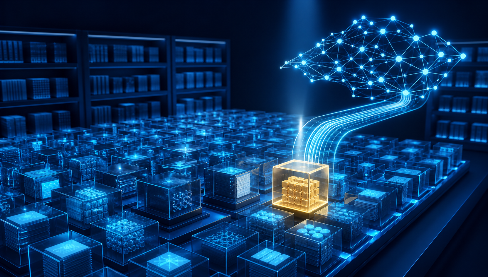 An illuminated path connects an abstract AI network to a highlighted block within an orderly digital research archive.