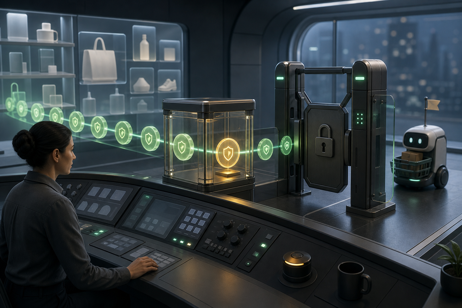 A commerce specialist inspects digital permission tokens before an automated shopping device reaches a secured account gate.