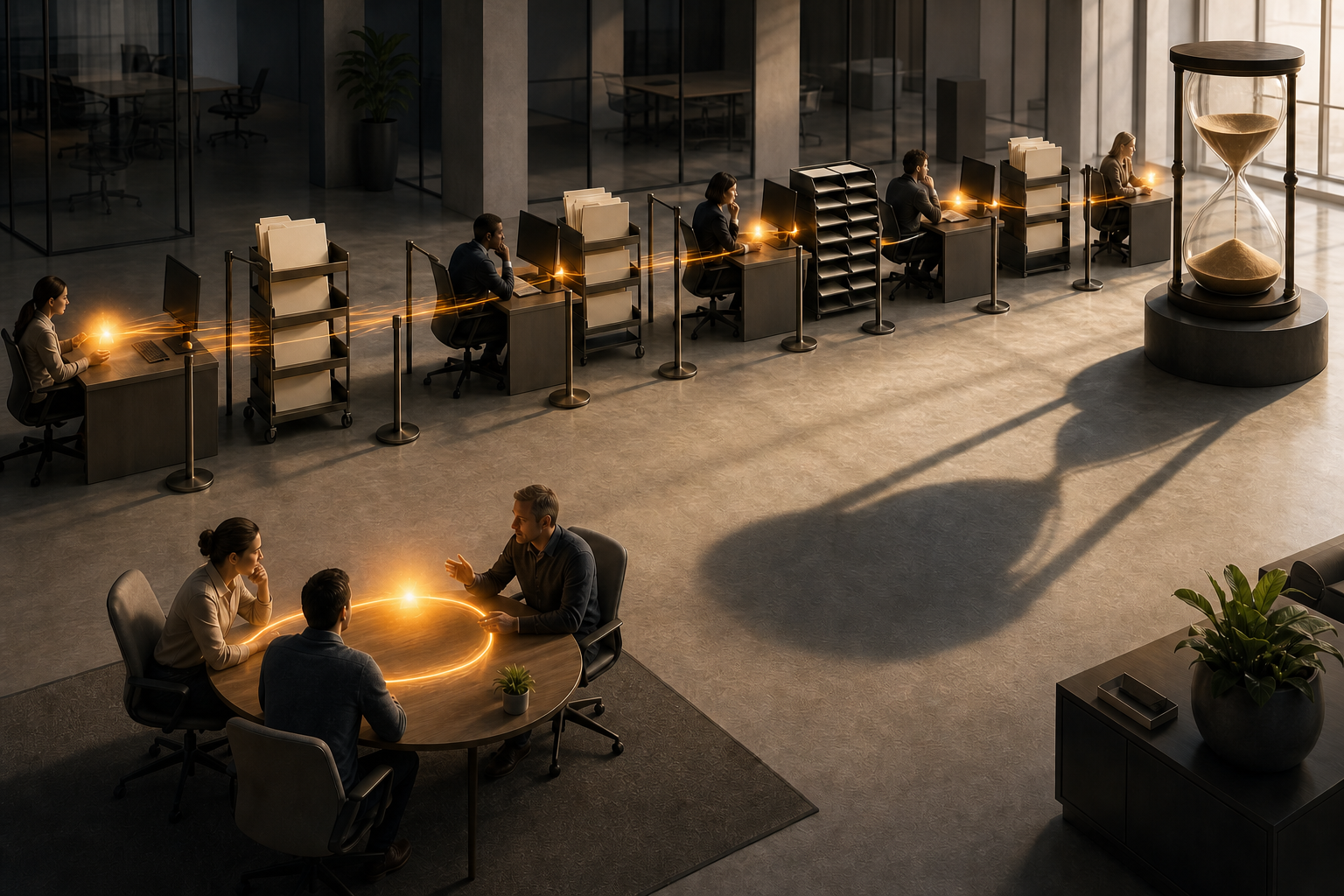 A glowing customer signal moves through a long sequence of separated workstations, review gates, and waiting trays beside an hourglass.