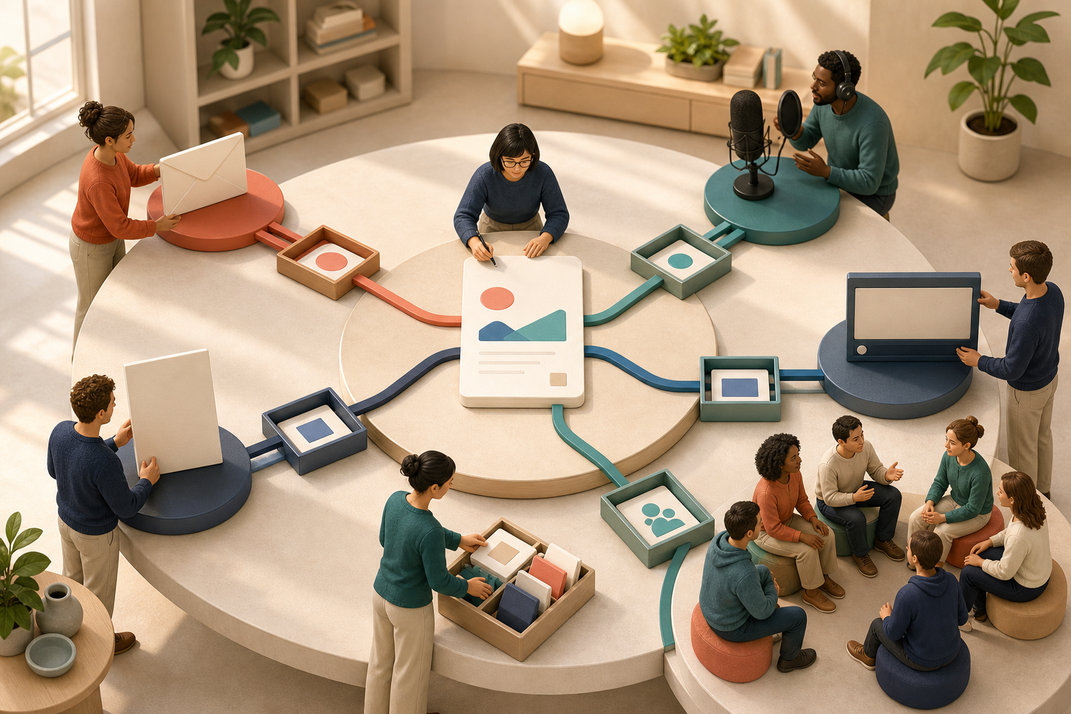 An isometric publishing team adapts one central source page into newsletter, audio, video, community, and publication formats.
