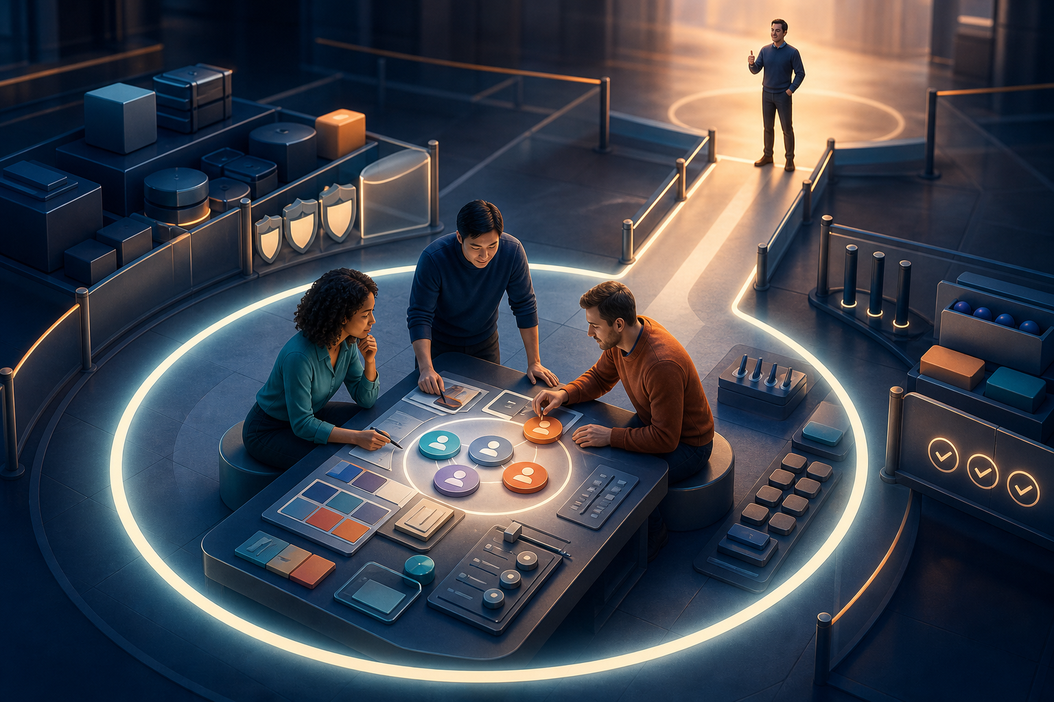 Three marketers operate a compact campaign workspace inside a luminous boundary marked by safety rails, checkpoints, and organized resources.