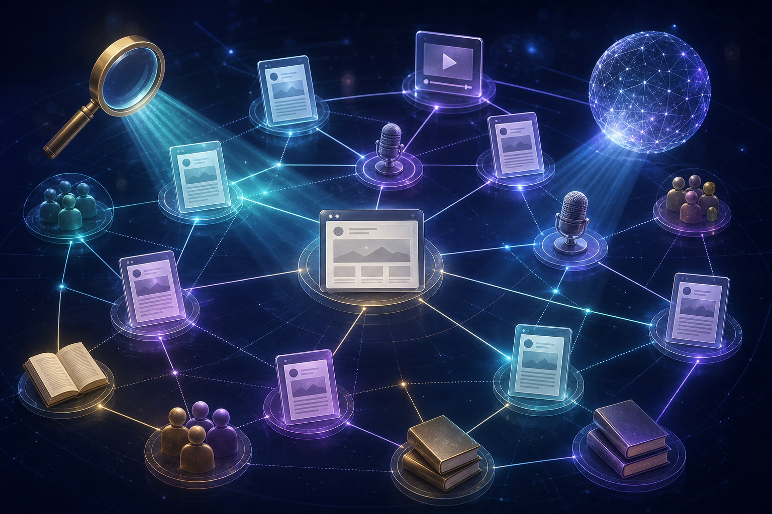 A website tile is surrounded by connected articles, interviews, communities, references, videos, search, and AI discovery nodes.