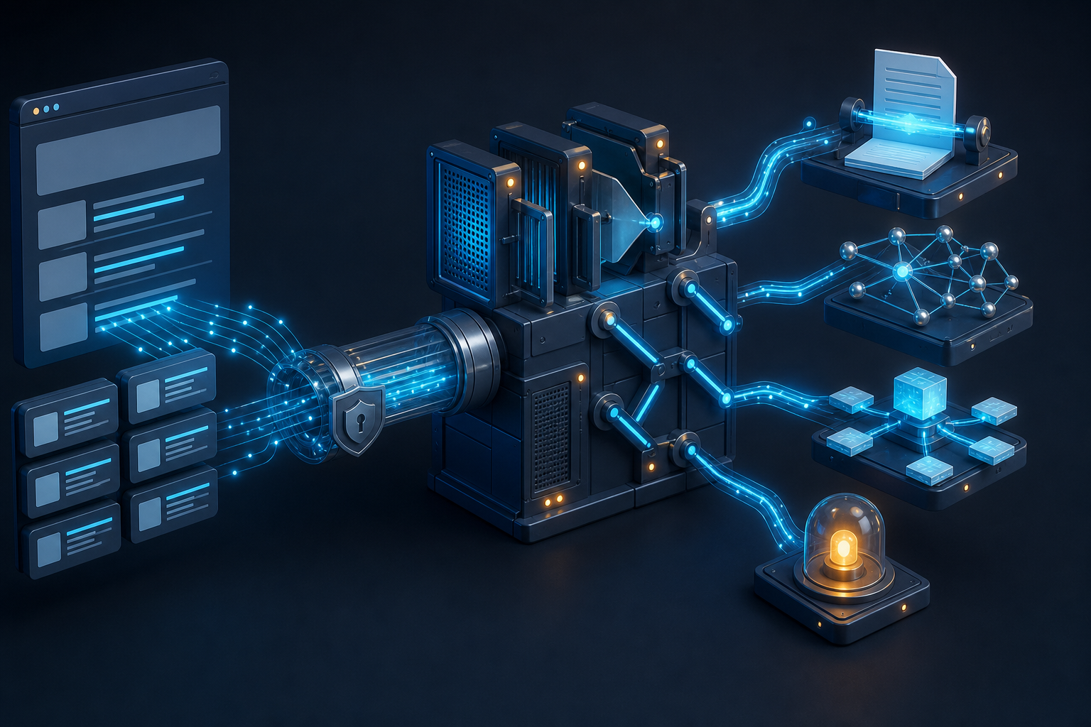 Live search signals move through a translucent conduit and rule-based gates toward separate content, authority, distribution, and alert modules.