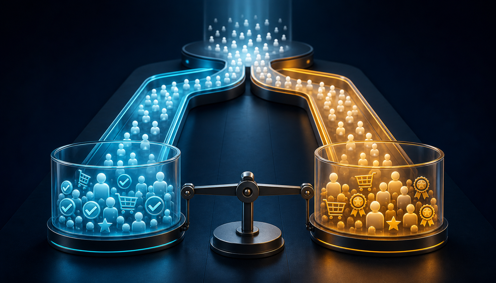 Two parallel traffic channels run from a shared starting platform into separate outcome reservoirs connected by a balance mechanism.