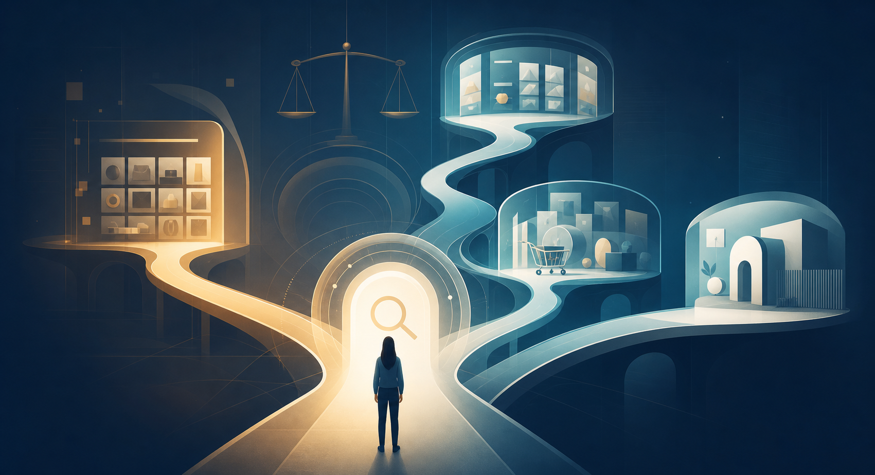 A person faces branching digital pathways that pass through search results, comparison layers, and provider destinations beside a balanced scale.