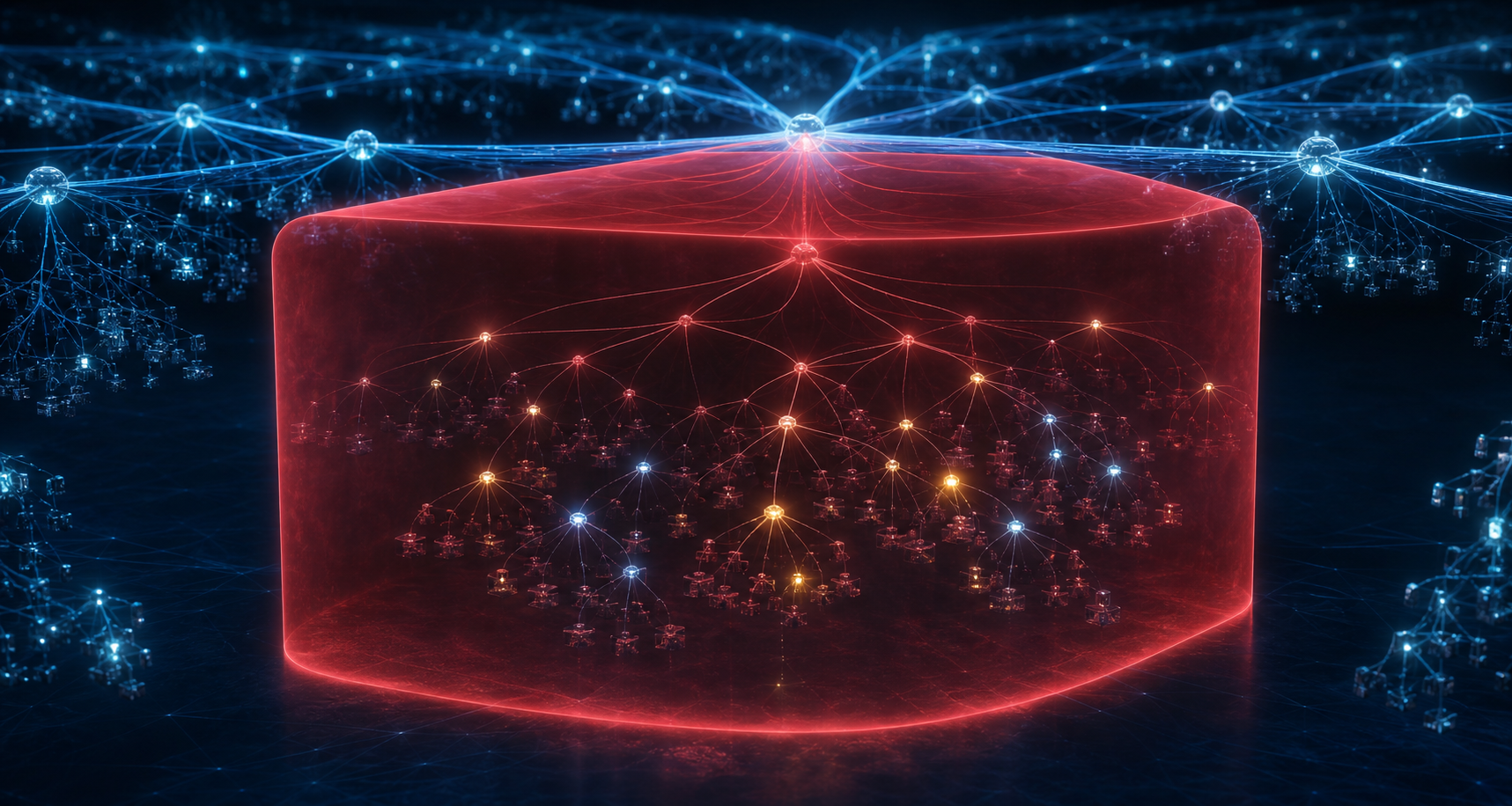 A red quarantine field surrounds an entire branch of website nodes in a large internet network, including both suspicious and healthy-looking nodes.