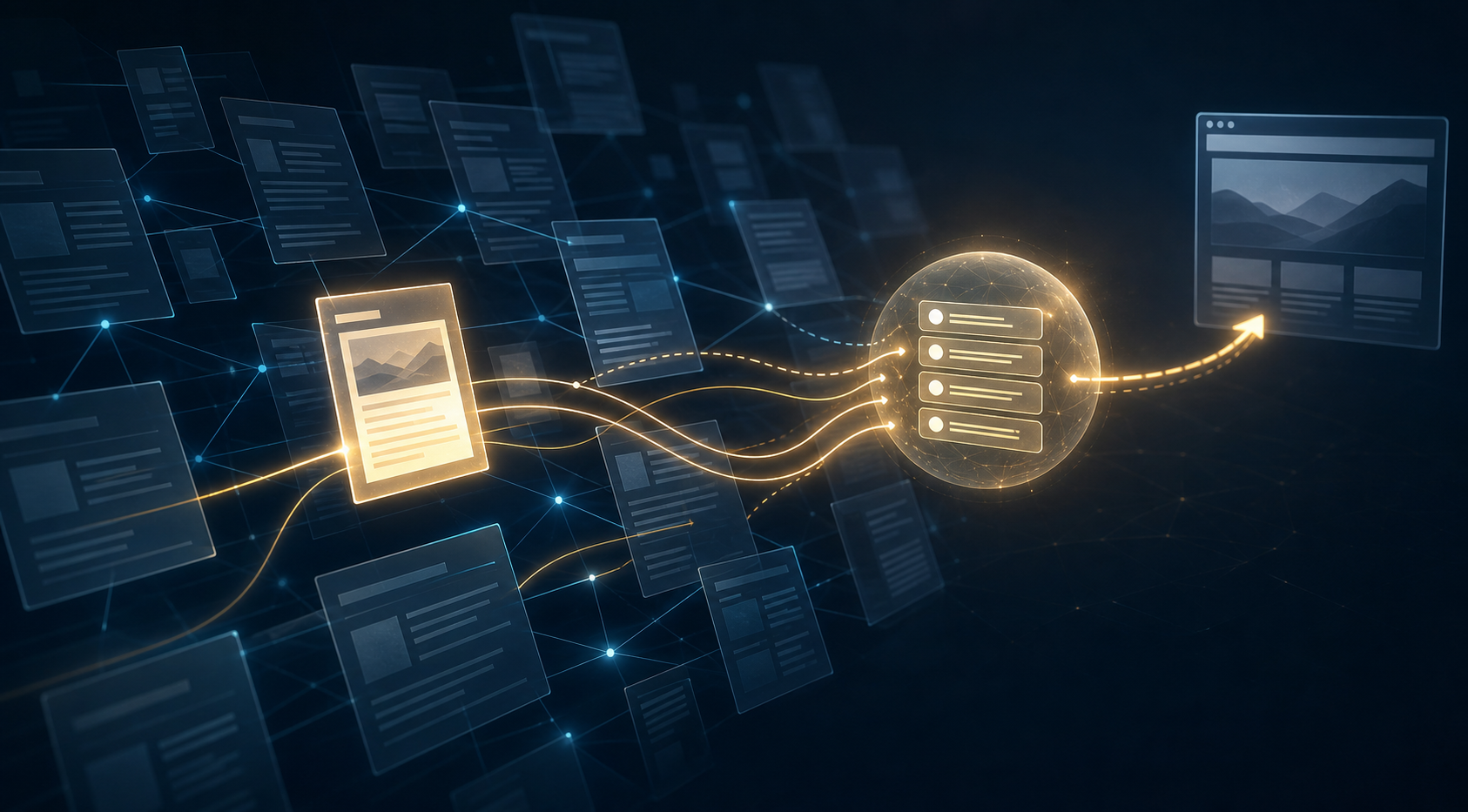 A glowing web page tile moves through a network of documents and search interfaces toward an answer sphere and a browser window.