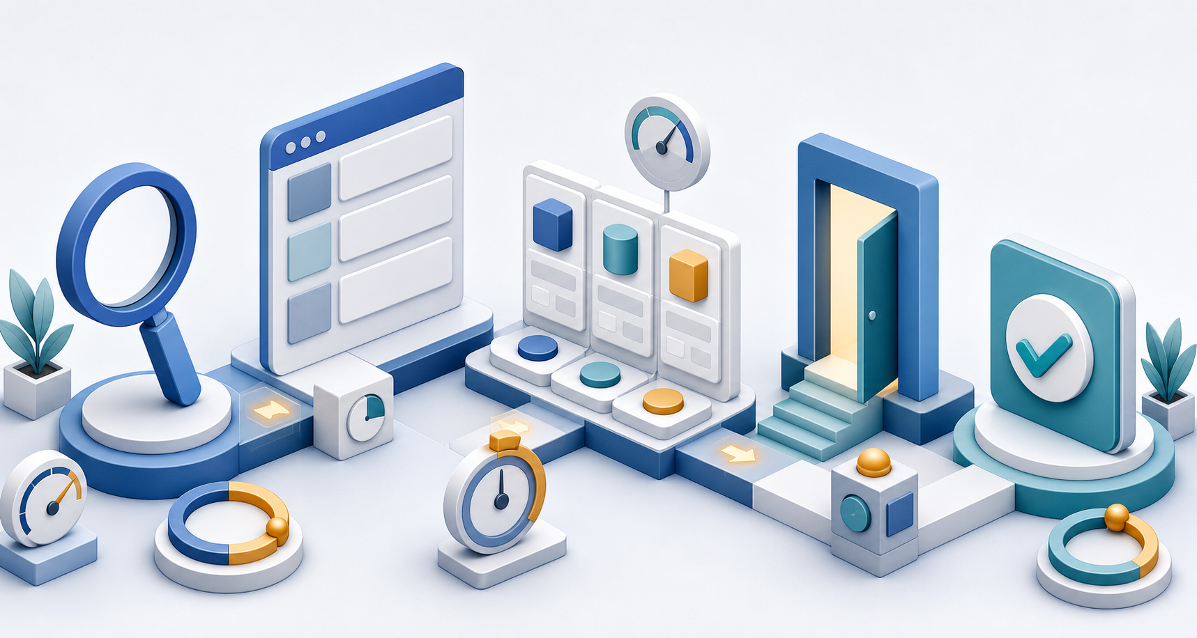 An isometric search journey moves from a magnifying glass through result cards and a comparison layer to a confirmed direct transaction, with measurement symbols at each stage.