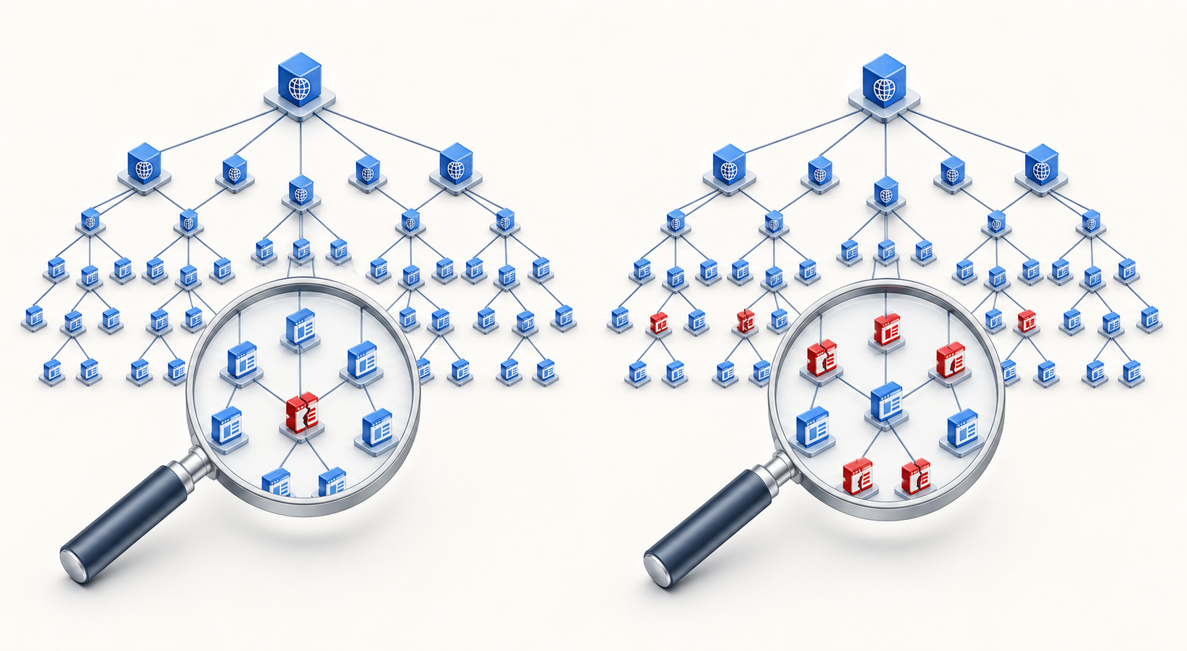 A split illustration shows one suspicious website node isolated on the left and many suspicious nodes spread across a network branch on the right.