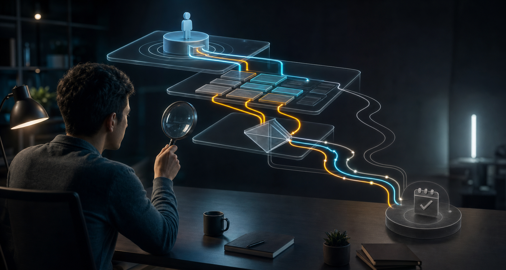 An analyst examines four connected search and conversion layers whose different paths converge on the same weakened outcome signal.