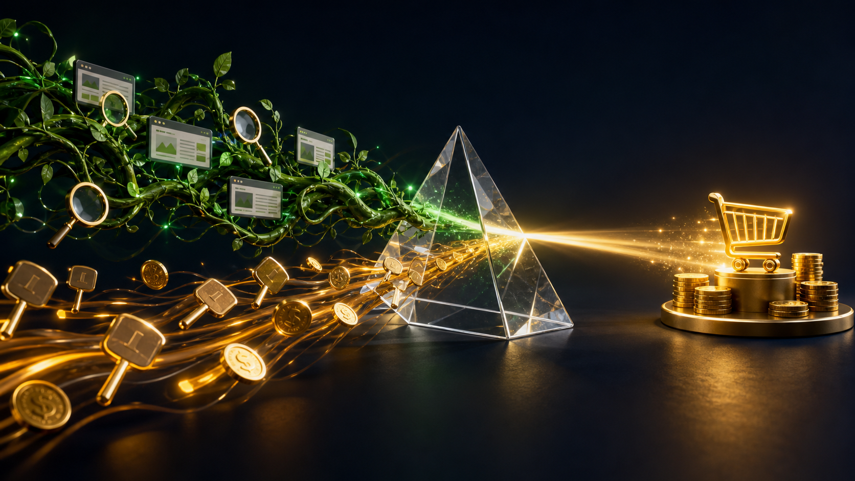 Organic and paid search pathways converge through a shared prism toward a purchase symbol and stacked coins.