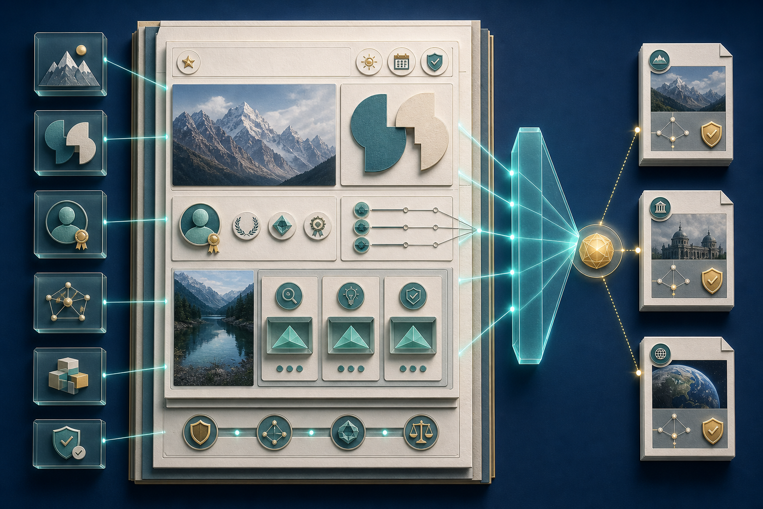 A modular web document connects through a retrieval prism to several independent source tiles surrounding a shared fact node.