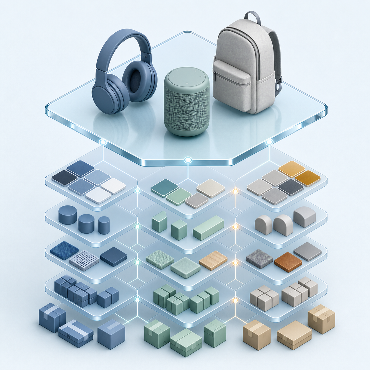 Three unbranded products sit above connected layers of color, size, material, inventory, compatibility, and shipping symbols.