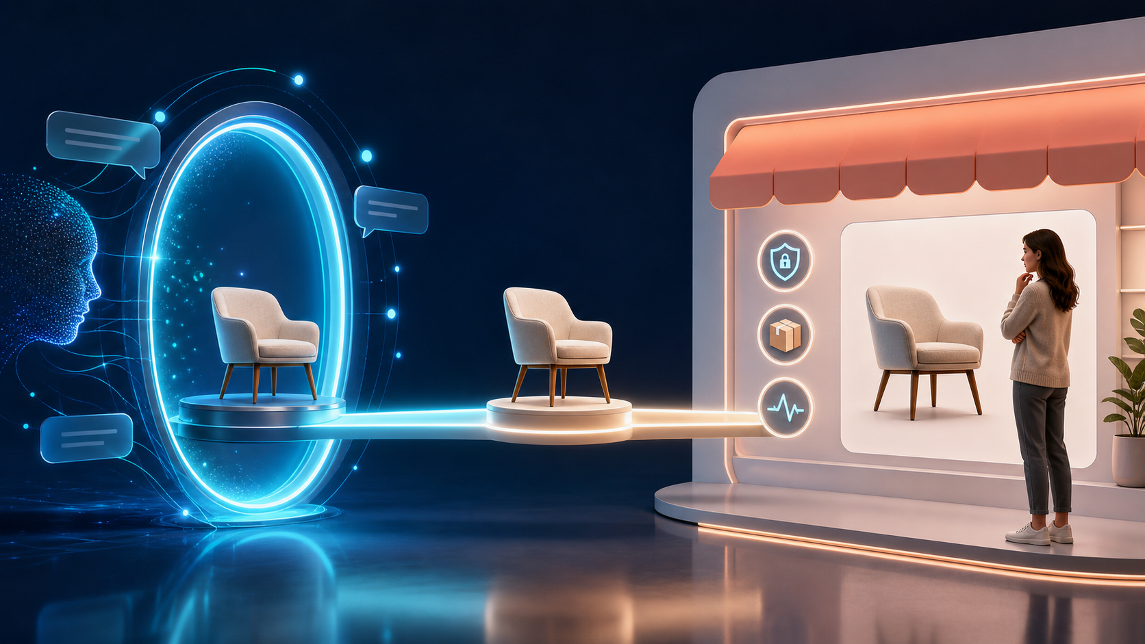 An unbranded product crosses an illuminated bridge from an AI conversation portal to a storefront with security, delivery, and analytics symbols.