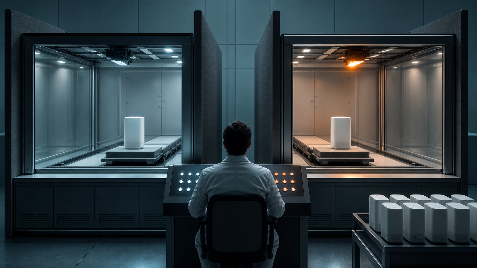 A researcher observes two isolated test chambers where one colored light is the only visible difference between otherwise identical setups.