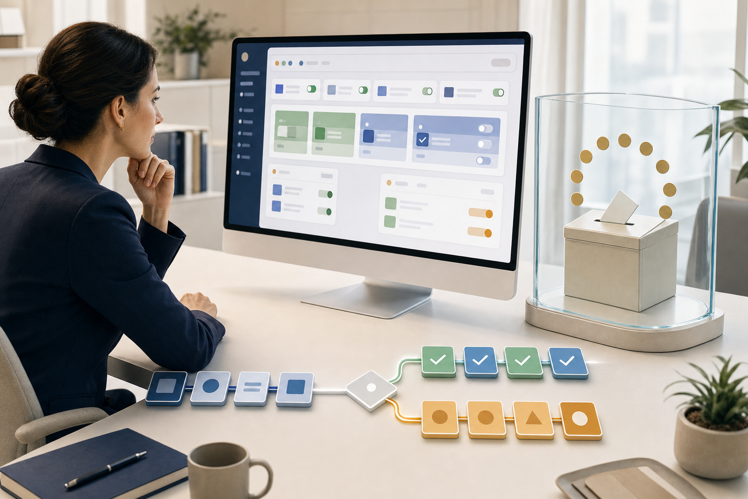A compliance professional reviews an abstract advertising campaign interface beside a glass shield and a branching campaign decision path.