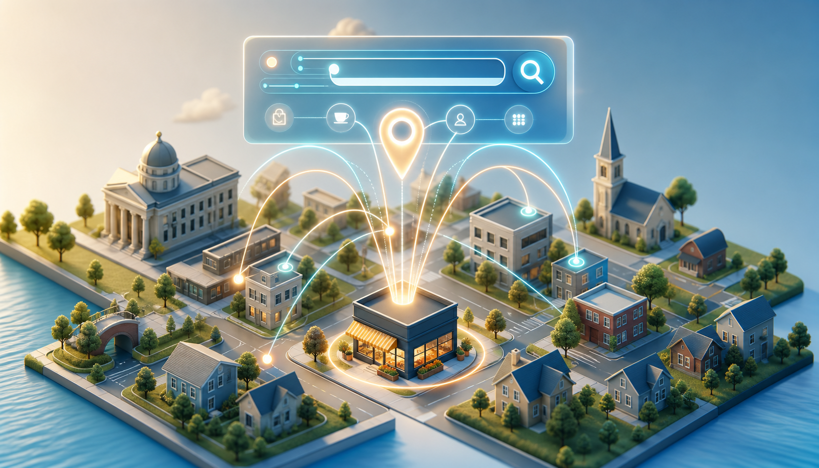 An illustrated neighborhood with storefronts and landmarks connected by data paths to an abstract AI search interface and a highlighted local business.