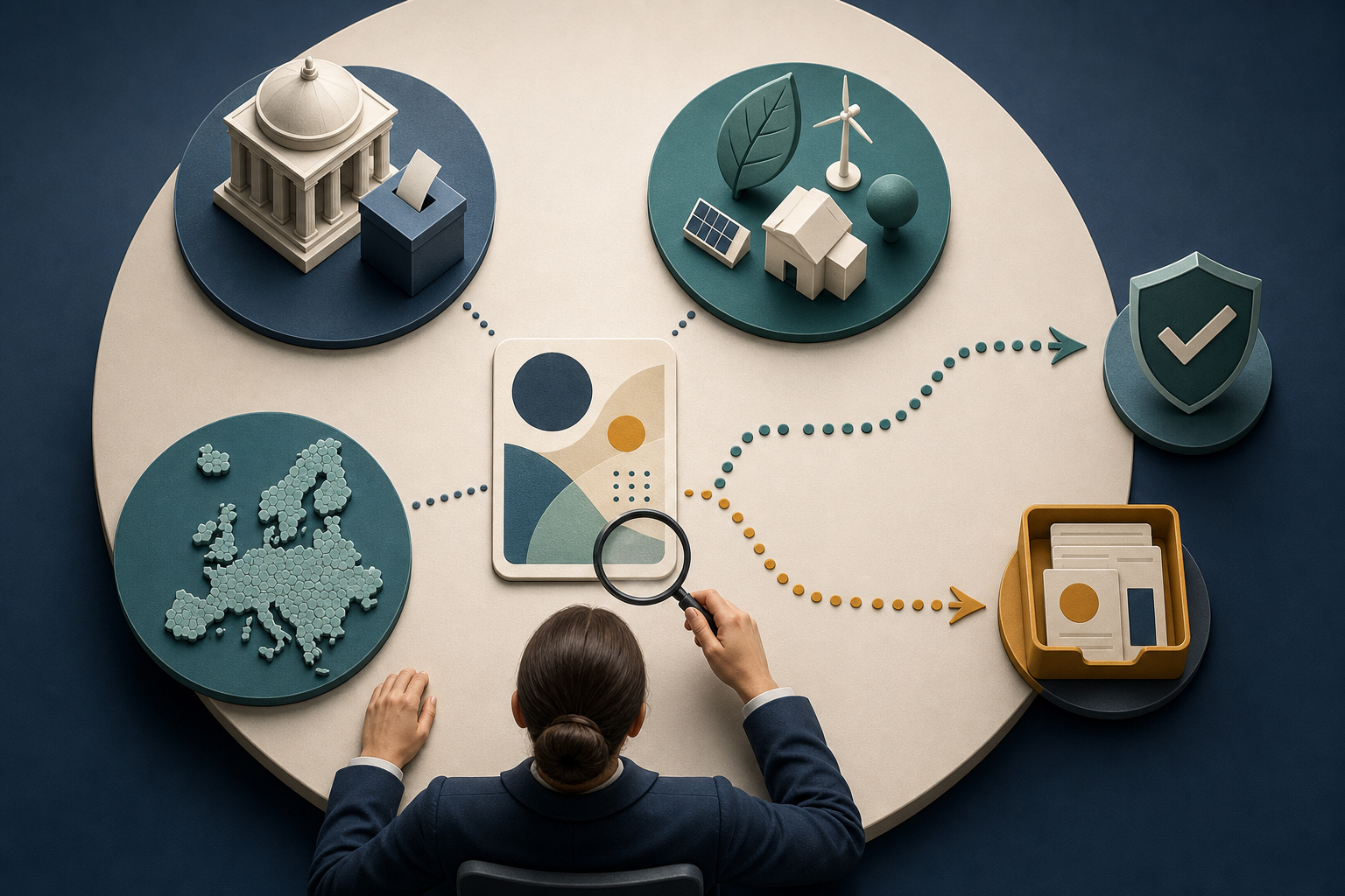 An analyst examines a campaign card on a decision table surrounded by civic, policy, and European geographic symbols.