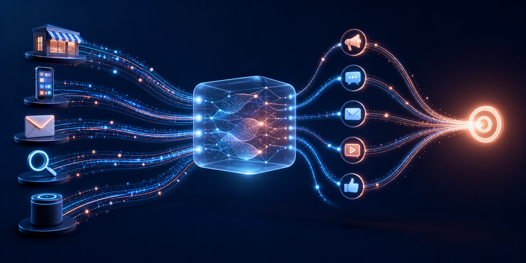Luminous data signals flow through a central AI decision engine and emerge as coordinated marketing actions leading to an outcome.