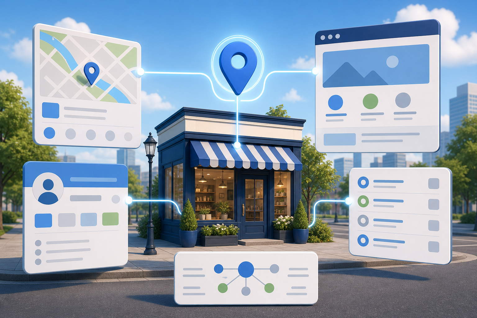 A storefront is connected to matching map, profile, website, directory, and structured-data symbols that converge on one location pin.