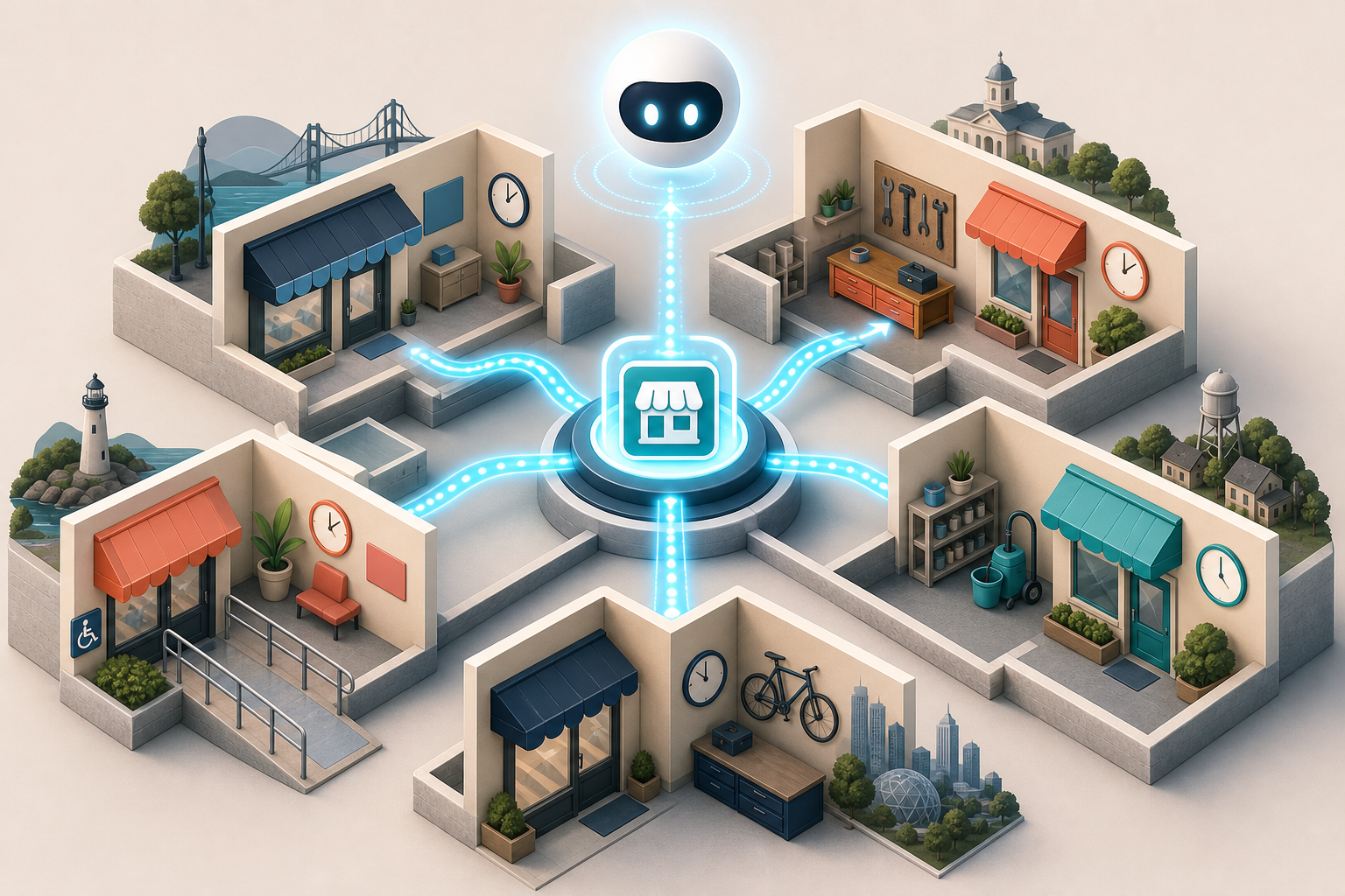 An organized set of illustrated local website pages receives synchronized business details from a central hub connected to an abstract search assistant.