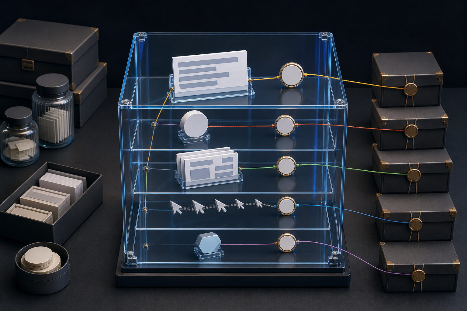 Isometric evidence workspace with layered answer, source, visit, and outcome artifacts connected to clocks and archive boxes.