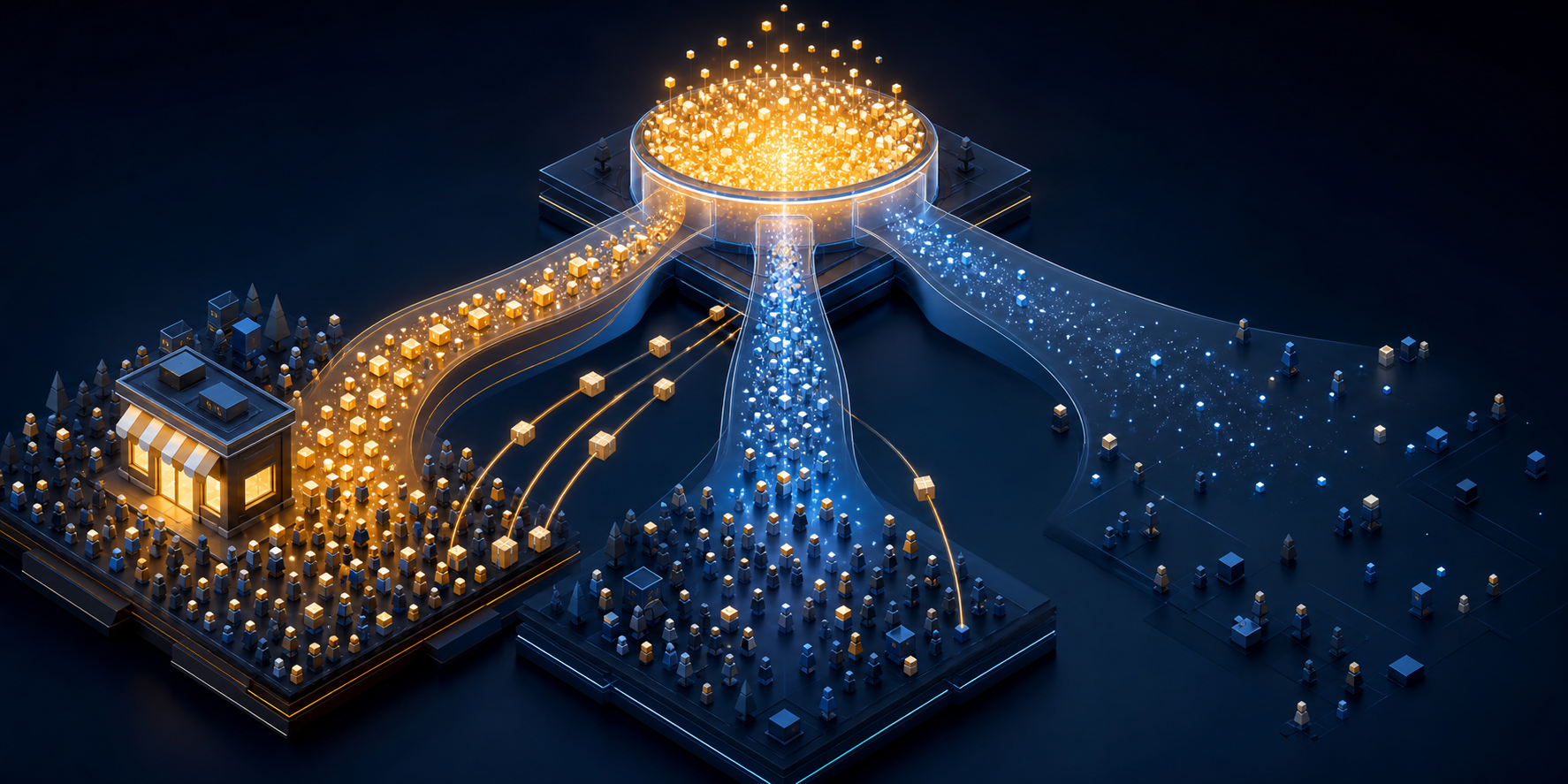 A central pool of glowing budget particles branches toward established shoppers, new audience groups, and sparsely converting areas in an isometric digital marketplace.