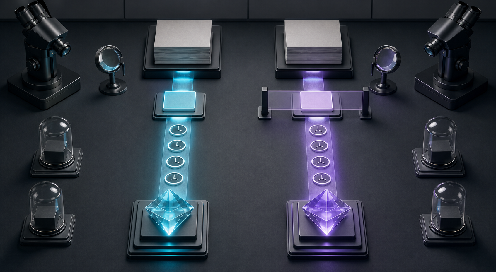 Two parallel experimental pathways compare an immediate social release with a delayed release before identical AI processing stages.