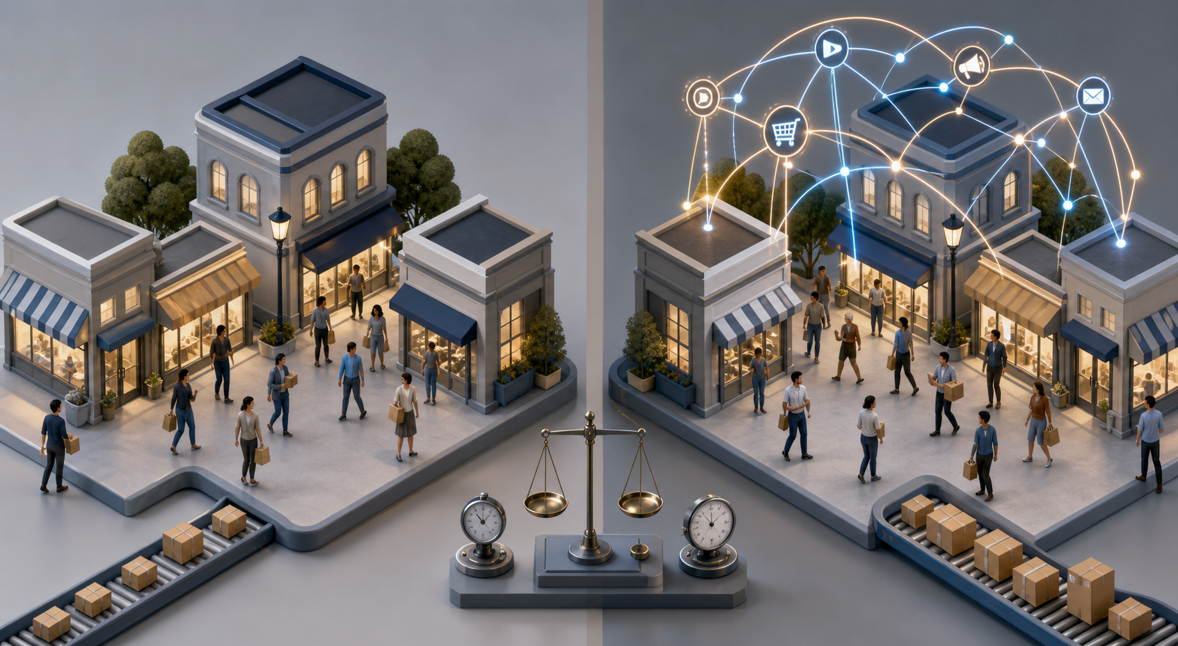 Two matched groups of storefronts and customers are compared side by side, with only one group receiving additional automated advertising signals.