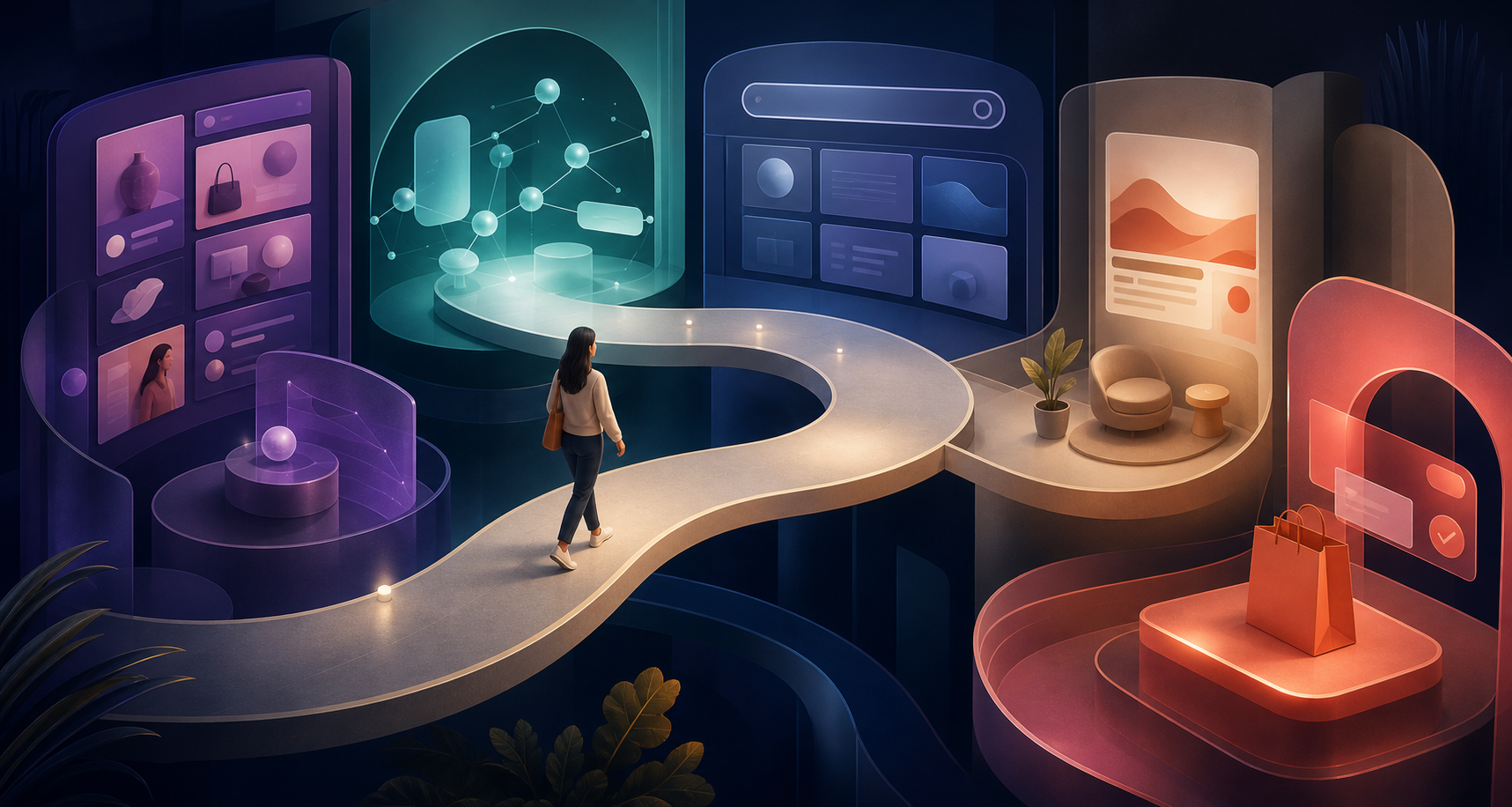 A shopper follows a connected path through abstract recommendation, AI answer, search, content, and conversion touchpoints.