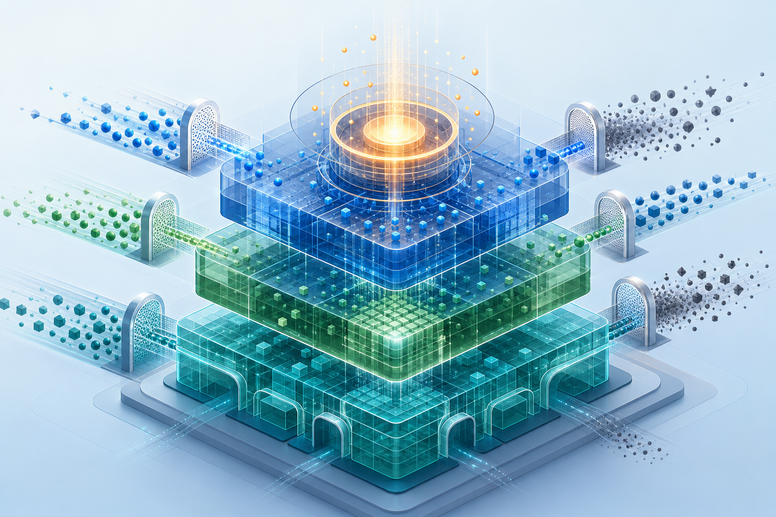 Three interlocking data layers support a glowing activation hub while incoming signals pass through quality filters and access gateways.