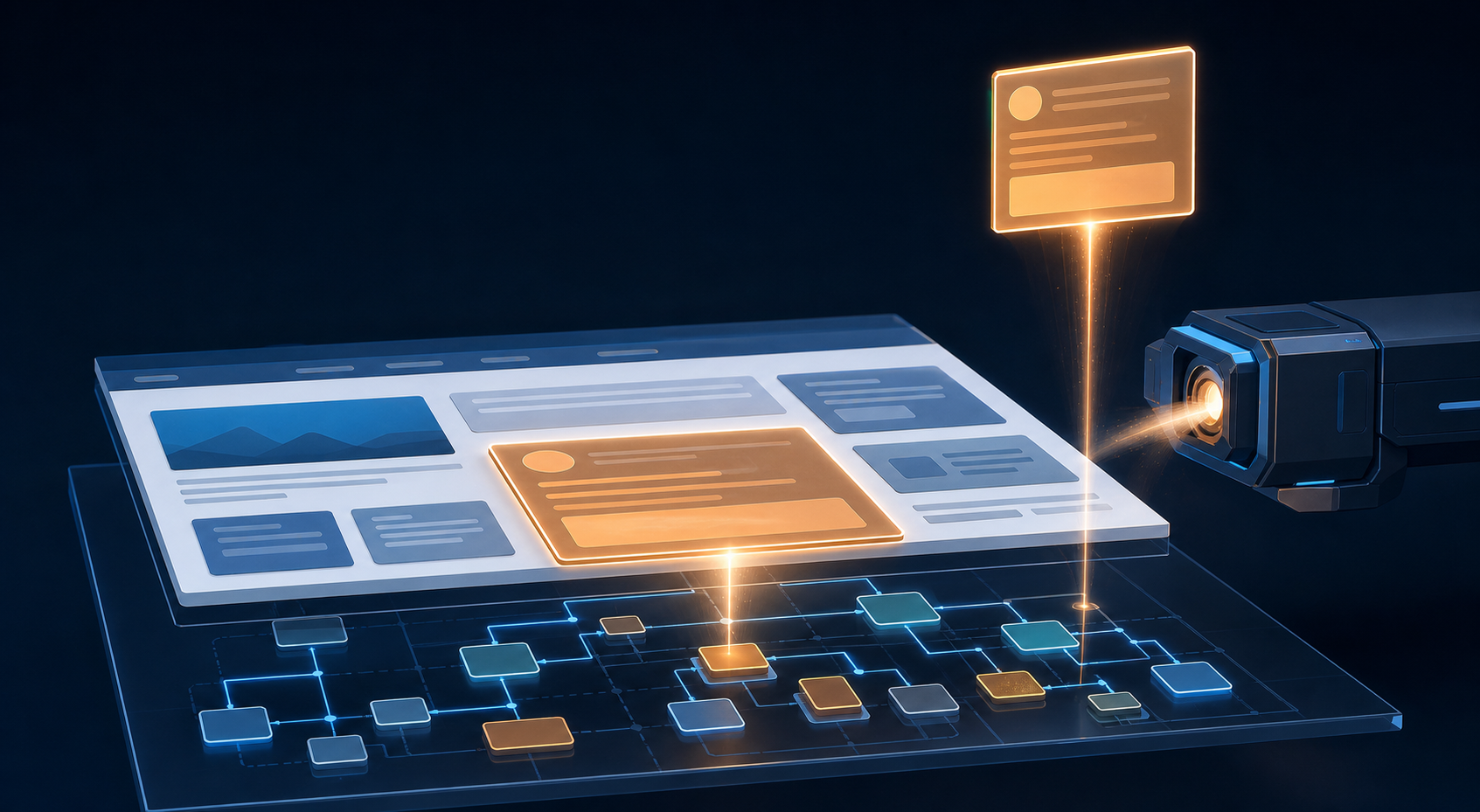 A retrieval beam selects one complete content block from a modular web page aligned with a transparent structural layer beneath it.