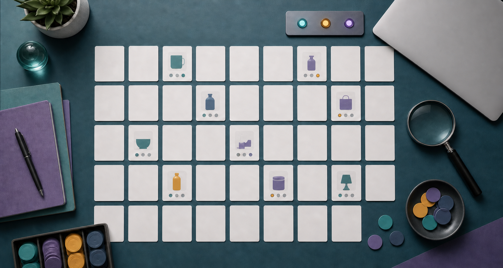 Top-down illustration of blank prompt cards arranged in a testing grid, with several cards activating generic product symbols.