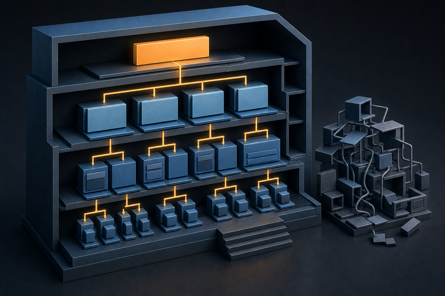 An isometric document structure shows orderly nested content blocks beside a smaller cluster of tangled and disconnected elements.