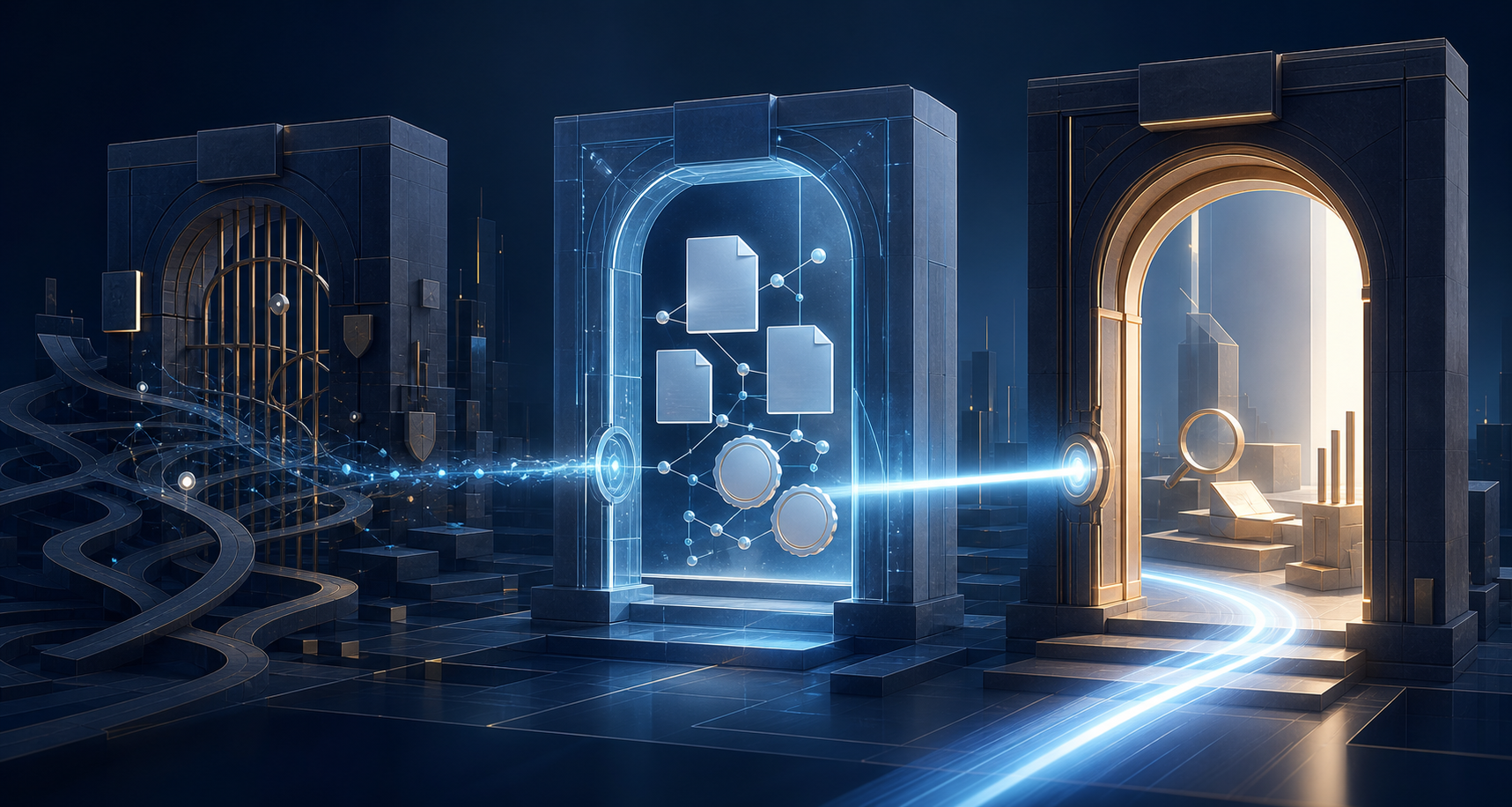 A glowing search signal passes through three architectural gates representing access, trust, and utility in an abstract digital landscape.