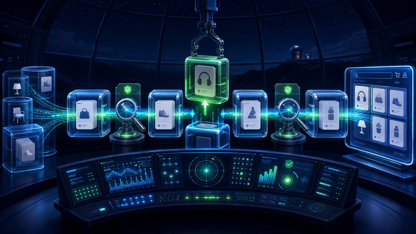 Illustration of a monitoring console tracking product cards through a modular shopping pipeline while one module is replaced.